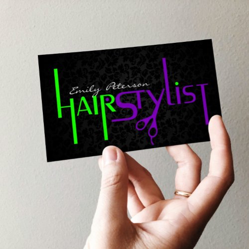 Bold Black Green And Purple Hair Stylist Text Business Cards