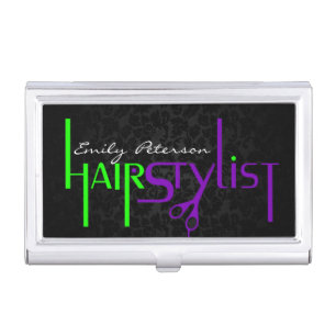 Bold Black Green And Purple Hair Stylist Text Business Card Holder