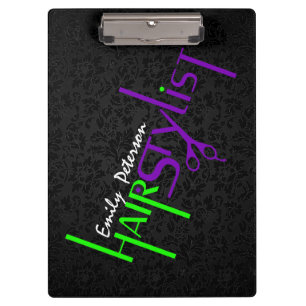 Bold Black Green And Purple Hair Stylist Text Clipboard