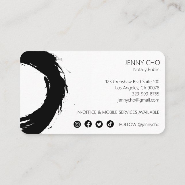 Bold Black Ink Paint Ring Notary Modern Simple  Business Card (Back)