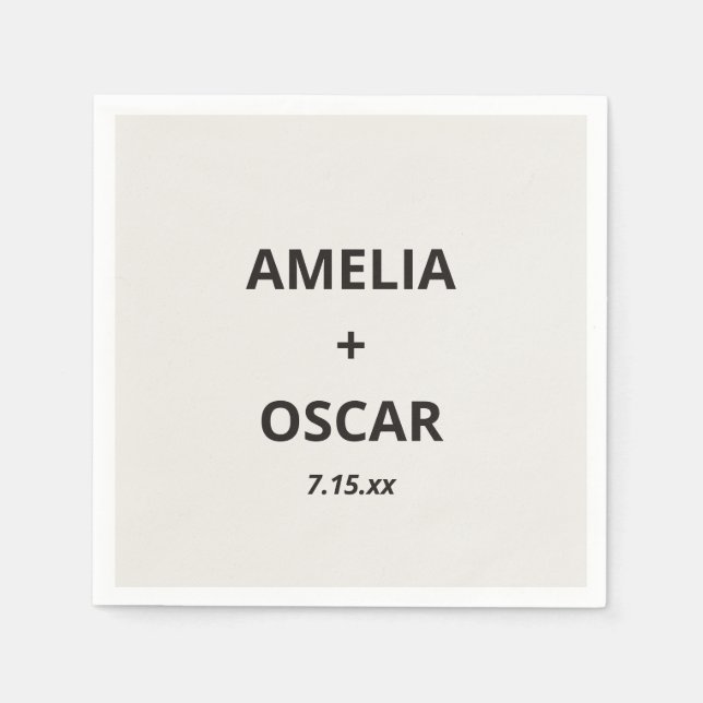 Bold Black Ivory Modern Wedding Names Date Custom Napkins (Front)