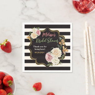 Bold Black, Ivory Stripes, Floral Bridal Shower Napkins