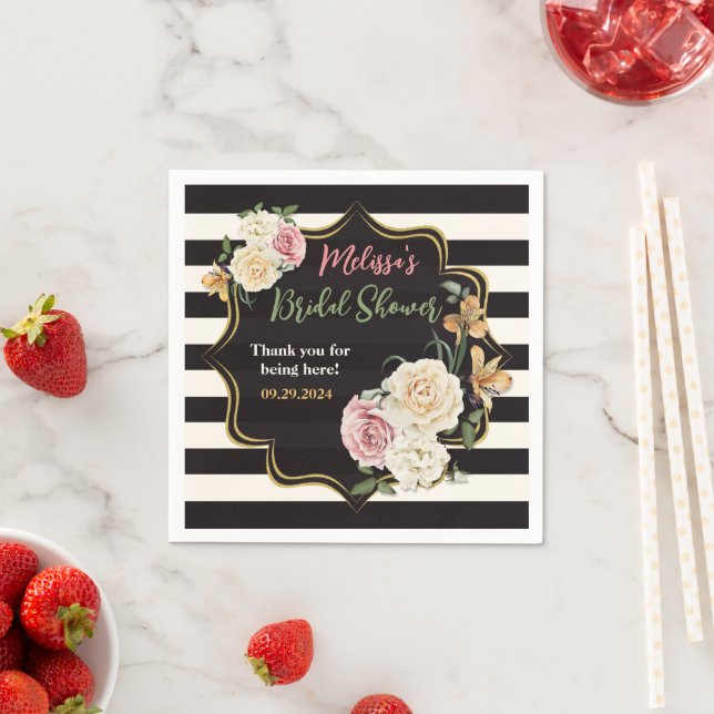 Bold Black, Ivory Stripes, Floral Bridal Shower Napkins (Insitu)