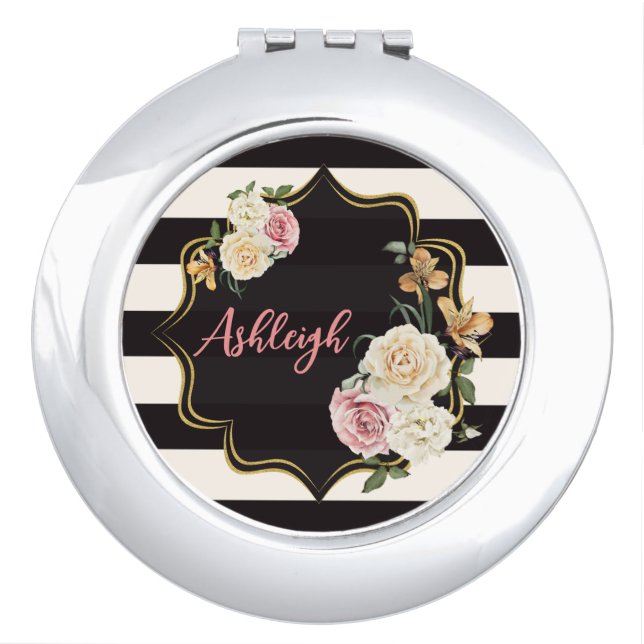 Bold Black, Ivory Stripes, Floral Bridesmaid Compact Mirror (Front)