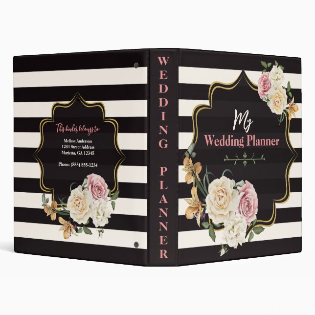 Bold Black, Ivory Stripes, Floral Wedding Planner 3 Ring Binder (Background)