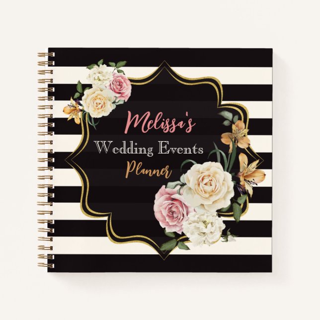 Bold Black, Ivory Stripes, Floral Wedding Planner Notebook (Front)