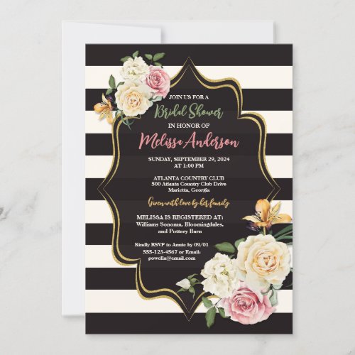 Bold Black Ivory Stripes Florals Bridal Shower Invitation