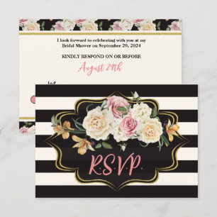 Bold Black, Ivory Stripes, Florals RSVP Card