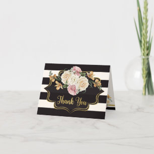 Bold Black, Ivory Stripes, Florals Thank You 2 Card