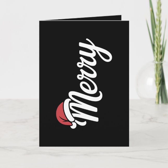 Bold Black Merry Christmas Santa Hat Holiday Card (Front)