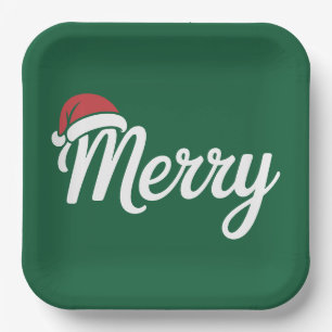 Bold Black Merry Christmas Santa Hat Paper Plates