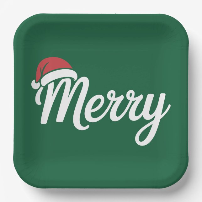 Bold Black Merry Christmas Santa Hat Paper Plates (Front)