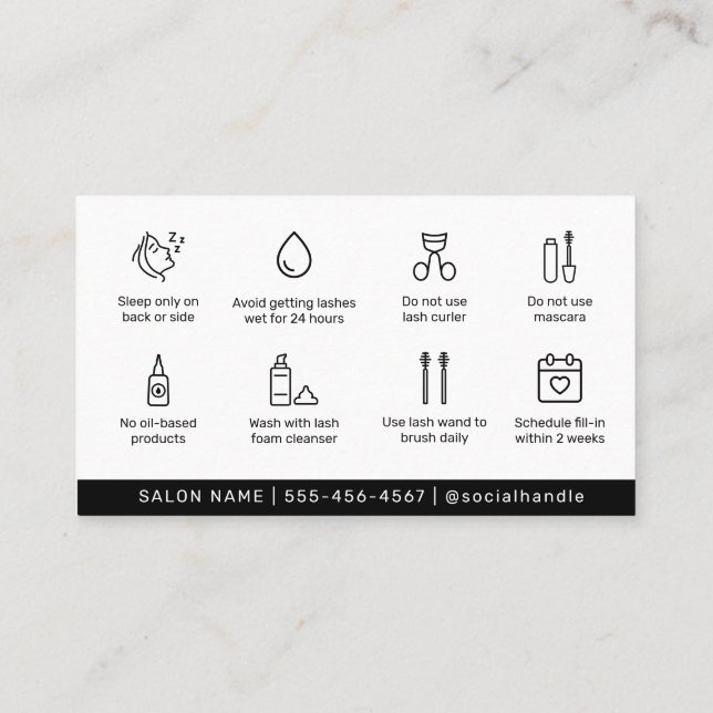 Bold Black Minimal Lash Care Instructions Business Card (Back)