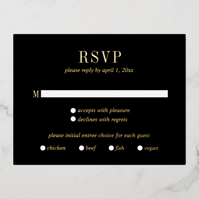 Bold Black Modern Wedding Foil RSVP Card (Front)