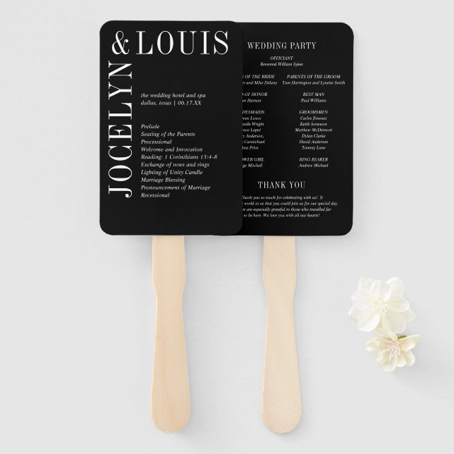 Bold Black Modern Wedding Program Hand Fan (Front and Back)