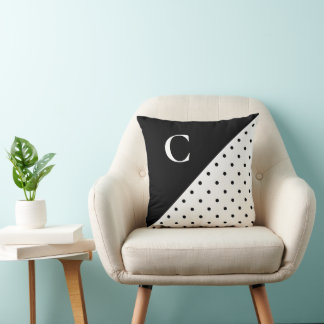 Bold Black on White Polka Dot Pattern Monogram Throw Pillow