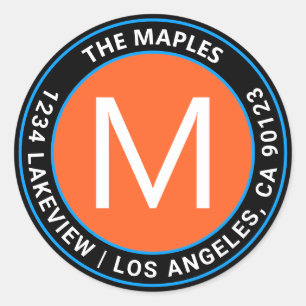 Bold Black Orange Blue Circular Return Address Classic Round Sticker