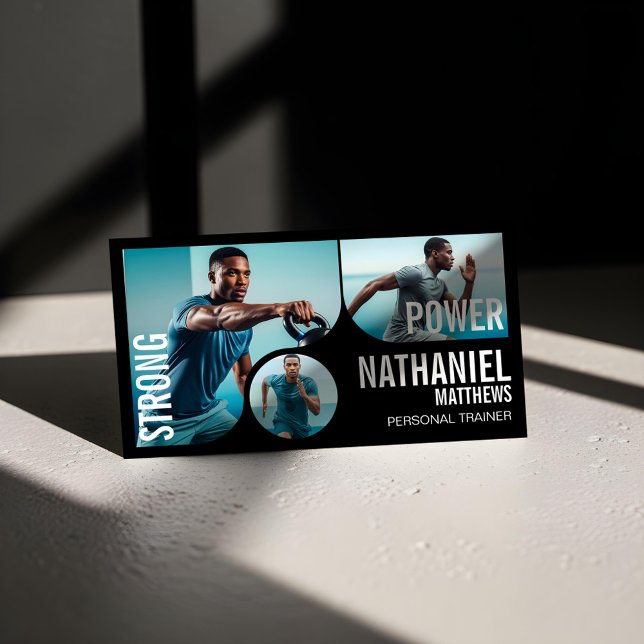 Bold Black Personal Trainer Fitness Gym Coach QR Business Card (Trendy Wavy Photo Frame Personal Trainer Fitness Business Card)
