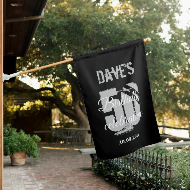 Bold Black Personalised 50th Any Birthday Party  House Flag (In SItu)