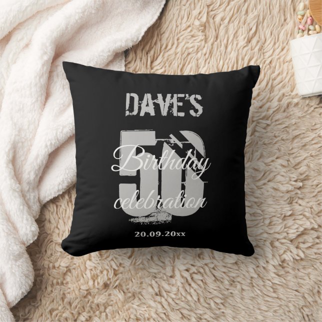 Bold Black Personalized 50th Any Age Birthday  Throw Pillow (Blanket)