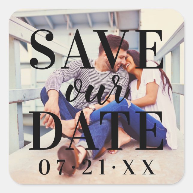 Bold Black Photo Overlay Wedding Square Sticker (Front)