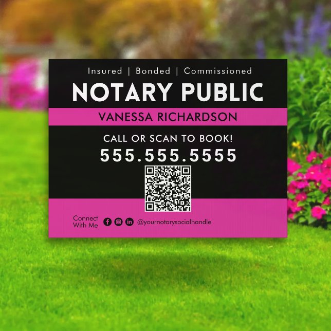 Bold Black Pink Notary Marketing QR Code Yard Sign (Creator Uploaded)