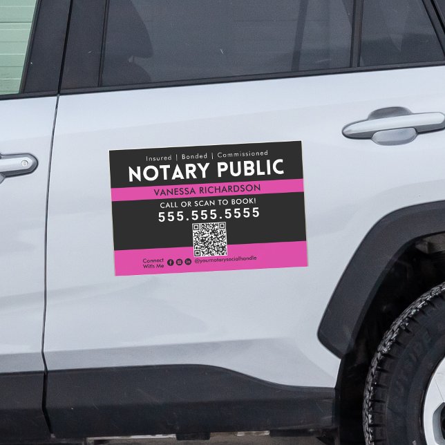 Bold Black Pink Notary Public Marketing QR Code  Car Magnet (Creator Uploaded)