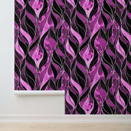 Bold Black Pink Purple Botanical Leaf Pattern Wallpaper