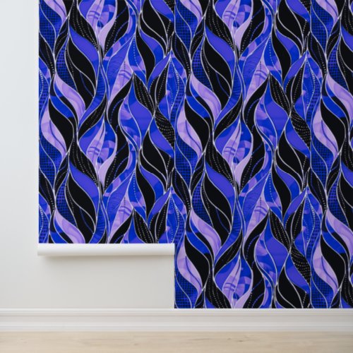 Bold Black Purple Botanical Leaf Pattern Wallpaper