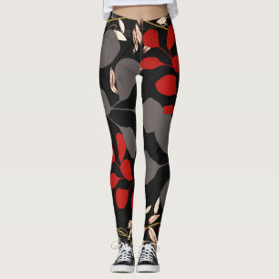 Bold Black Red Grey Botanical Floral Leaves Leggings