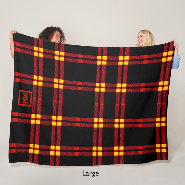 Bold, black, red, yellow plaid monogram fleece blanket (Creator Uploaded)