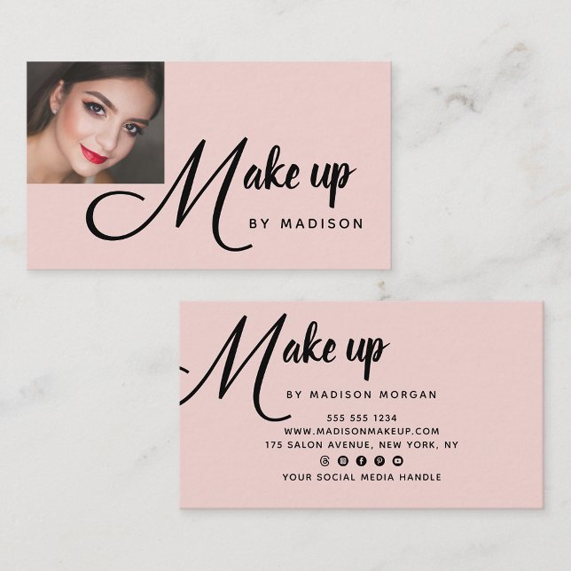 Bold Black Script Blush Pink Photo Makeup Business Card (Creator Uploaded)