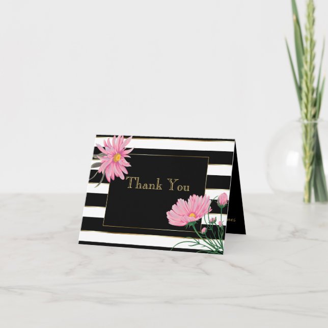 Bold Black Stripes Pink Daisies Thank You Card (Front)