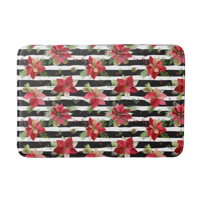 Bold Black Stripes with Poinsettias Bath Mat (Front)