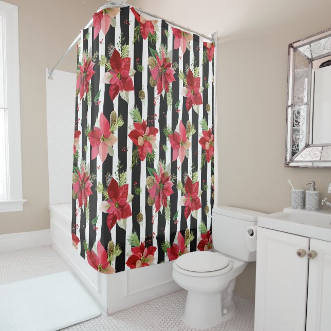 Bold Black Stripes with Poinsettias Shower Curtain (In Situ)