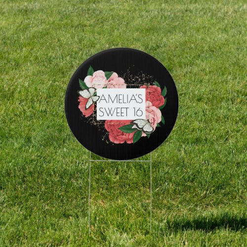 Bold Black Sweet 16 Pink Red Roses Butterflies  Sign