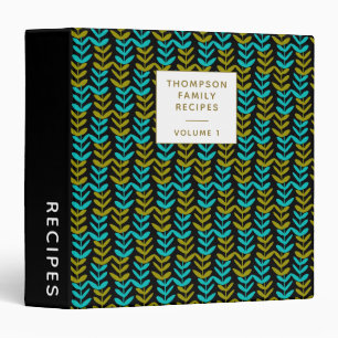 Bold Black Teal Geometric Leaf Personalized Recipe 3 Ring Binder
