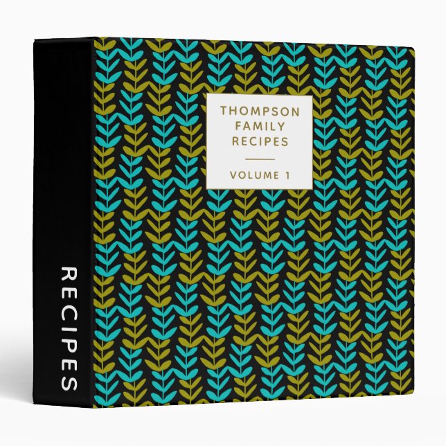 Bold Black Teal Geometric Leaf Personalized Recipe 3 Ring Binder (Front/Spine)