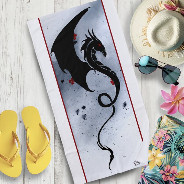 Bold Black Tribal Dragon Red Blue Flowers Beach Towel (Creator Uploaded)