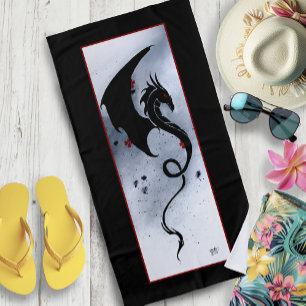 Bold Black Tribal Dragon Red Blue Flowers Beach Towel