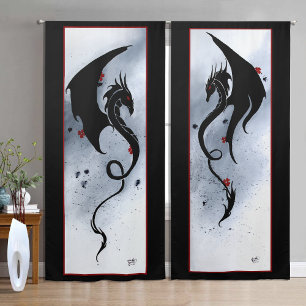 Bold Black Tribal Dragon Red Blue Flowers Blackout Curtains