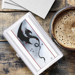 Bold Black Tribal Dragon Red Blue Flowers Business Card Holder