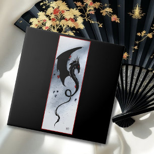 Bold Black Tribal Dragon Red Blue Flowers Ceramic Tile