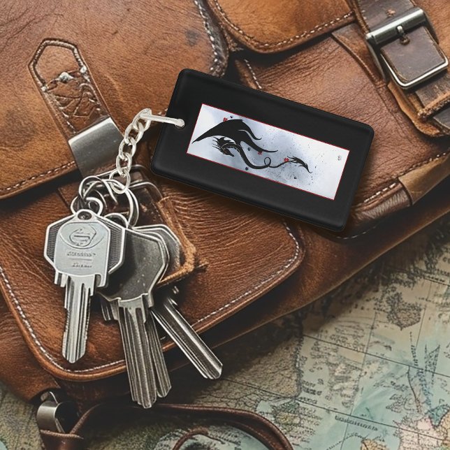 Bold Black Tribal Dragon Red Blue Flowers QR code Keychain (Creator Uploaded)