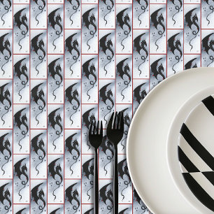 Bold Black Tribal Dragon Red Blue Flowers Tablecloth