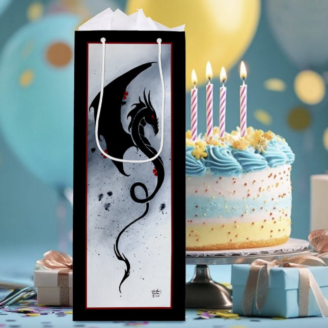 Bold Black Tribal Dragon Red Blue Flowers Wine Gift Bag (Creator Uploaded)