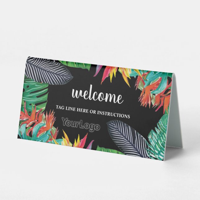 Bold Black Tropical Flowers Jungle Leaves Logo Table Tent (Front)