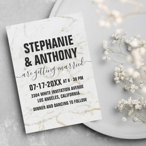 Bold black typography marble gold glitter wedding invitation