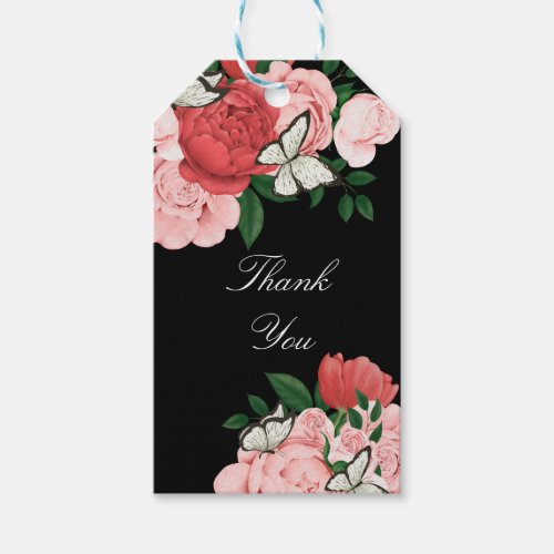 Bold Black Vibrant Red Pink Roses and Butterflies Gift Tags