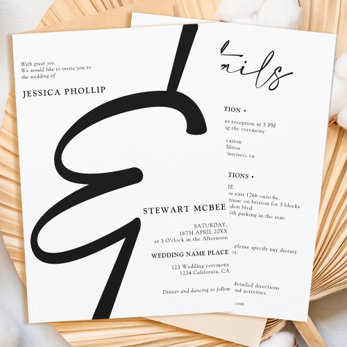 Bold black white all in one calligraphy wedding invitation